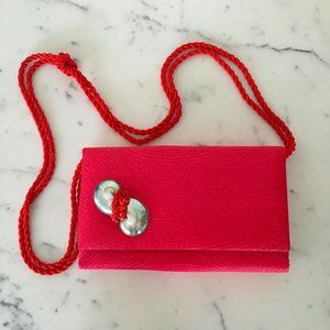Vintage Fuschia Straw Clutch Bag with Abalone Trim